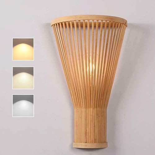 KZT Retro Wandleuchte Bamboo Weben Wandlampe Dimmbar E27 Wandlicht Flur Dekoration Nachtlicht Innen Vintage Nachttischlampe für Schlafzimmer Wohnzimmer Treppe Hotel Wandbeleuchtung 12W von KZT