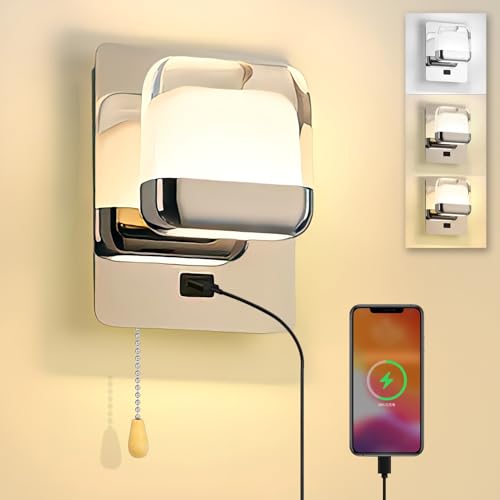 KZT Wandleuchte mit Zugschalter LED Dimmbar Nachttischlampe USB Ladeanschluss Wandlampe Moderne Innen Leselampe für Schlafzimmer Spiegel Wohnzimmer Kinderzimmer Büro Hotel Wandbeleuchtung von KZT