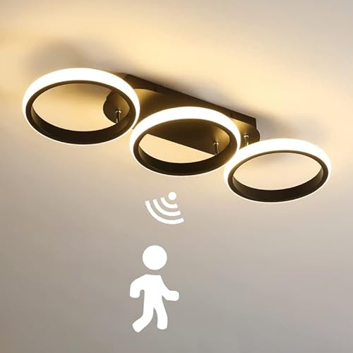 LED Deckenlampe mit Bewegungsmelder 30W Innen Flur Deckenleuchte mit Sensor Moderne Ring Deckenbeleuchtung für Treppe Wohnzimmer Balkon Küche Garage Veranda BüRo Sensorlampe, Schwarz (3000K) von KZT