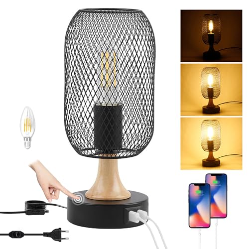 Nachttischlampe Touch Dimmbar Tischlampe mit Stecker und Schalter Vintage E27 Tischleuchte mit 2 USB Anschlüssen 3 Helligkeitsstufen Einstellbar Metall und Holz Leselampe für Wohnzimmer Schlafzimmer von KZT