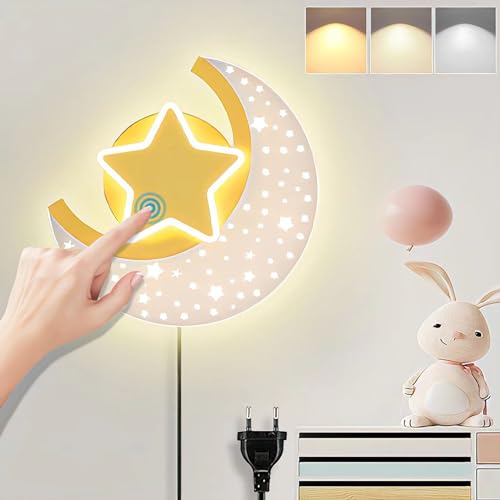 Wandlampe Kinderzimmer LED Innen Wandleuchte Dimmbar mit Touch Schalter Mond Nachttischlampe mit Stecker Modern Kinder Wandbeleuchtung 12W Acryl Nachtlicht für Junge Mädchen Schlafzimmer Babyzimmer von KZT