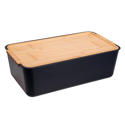 KaMel GmbH Brotkasten mit Schneidebrett aus Bambus-Holz, moderne Brotbox mit Deckel aus hochwertigem Kunststoff in weiß oder schwarz (rechteckig - schwarz) von KaMel GmbH