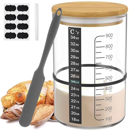 Sauerteig Starter Set 900 ml, Sauerteig Glas Kit mit Holzdeckel Thermometerstreifen Spatel Stoffdeckel, Sourdough Starter Kit, Sauerteig Behälter zum Backen Von Sauerteigbrot (Kein Stoffhülle) von Kaezuy