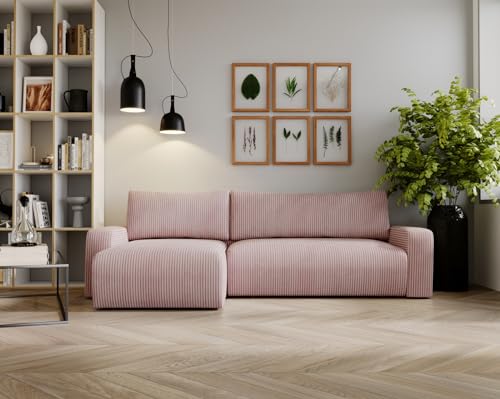 Kaiser Möbel Ecksofa Aragon Modern Design Couch mit Schlaffunktion und Bettkasten Couch L Form Polsterecke Freistehend Zoom Stoff- Dicker Cord Rosa Ottomane Links von Kaiser Möbel