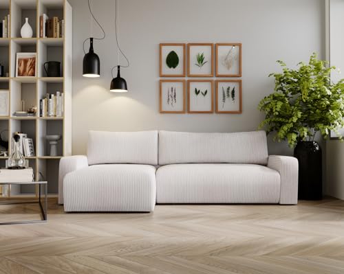 Kaiser Möbel Ecksofa Aragon Modern Design Couch mit Schlaffunktion und Bettkasten Couch L Form Polsterecke Freistehend Zoom Stoff- Dicker Cord Weiss Ottomane Links, ARAGON_ECKSOFA von Kaiser Möbel