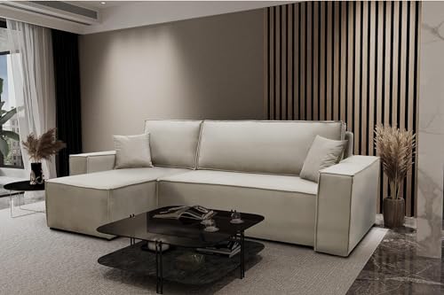 Kaiser Möbel Ecksofa ATOS mit schlaffunktion und bettkasten Modern Design Couch, Sofagarnitur, Couchgarnitur, Polsterecke, Freistehend, Polsterung Samt, Hellbeige Links von Kaiser Möbel