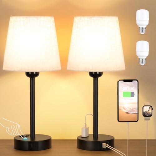 Kakanuo Nachttischlampe Touch Dimmbar 2er Set, Tischlampe mit Ladefunktion USB A+C-Anschlüssen Steckdosen 2 LED Birnen, Leinen-Lampenschirm, Kleine Lampe für Schlafzimmer Wohnzimmer Babyzimmer Büro von Kakanuo