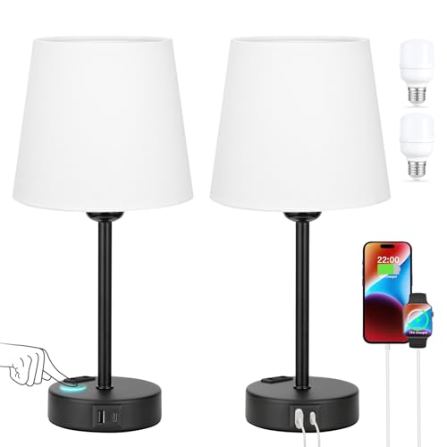 Kakanuo Nachttischlampe Touch Dimmbar 2er Set, Tischlampe mit Ladefunktion USB A+C-Anschlüssen Steckdosen 2 LED Birnen, Weiß-Lampenschirm, Kleine Lampe für Schlafzimmer Wohnzimmer Babyzimmer Büro von Kakanuo