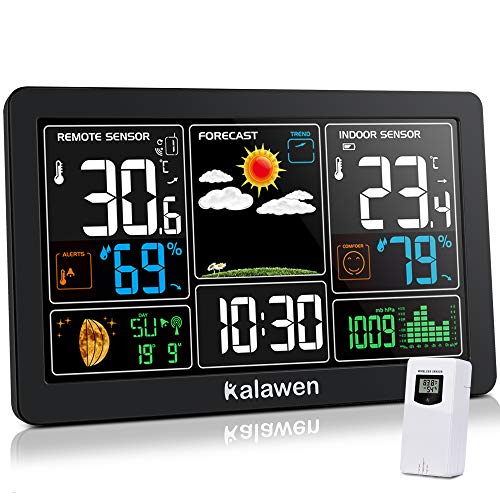 Kalawen Wetterstation mit Außensensor Innen und Außen 9-IN-1 Wireless Digital Wecker Barometer Weather Station Temperatur-Feuchtigkeits-Monitor Wettervorhersage für Zuhause Hausgarten Büro von Kalawen