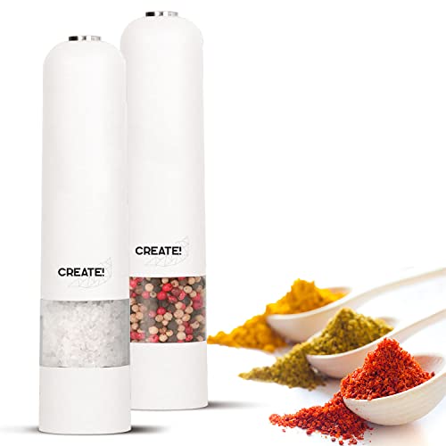 Kalorik elektrisches Gewürzmühlen-Set für Salz & Pfeffer, hochwertiges Keramikmahlwerk, Licht-Spot, einstellbare Mahlstärke, Weiß von Kalorik