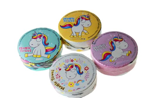 KAMACA 4er Set Magische Handtücher Baumwolle Zaubertuch für Kinder Zauberhandtuch Mitgebsel Geschenkidee Kindergeburtstag Geschenk Reisen (4er Set Comic Einhorn) von KAMACA