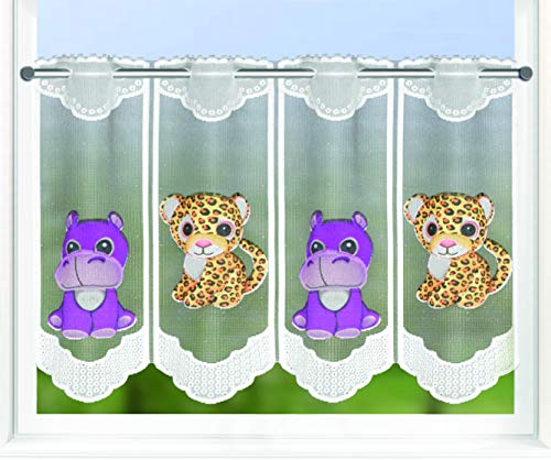 KAMACA Bistrogardine Scheibengardine Kindergardine in der Breite kürzbar Kurzstore transparent Kinderzimmer Kind Junge Mädchen (HxB 45x145 cm Baby Nilpferd und Leopard) von KAMACA