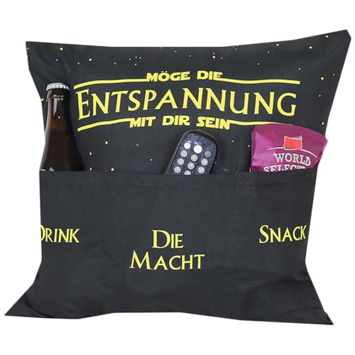 KAMACA Originelles Dekokissen Kissen MÖGE DIE ENTSPANNUNG MIT DIR Sein mit 3 Taschen zum selber Befüllen Größe 43x43 cm tolles Geschenk für EIN gelungenen Sofaabend Filmabend (Entspannung) von KAMACA