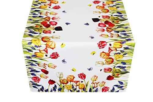 KAMACA Tischläufer Frühling Sommer Bunt Blumen Waschbar Küche Esstisch Dekor waschbare Tisch Dekoration ganzjährig (40x140 Tulpen und Schmetterlinge) von KAMACA