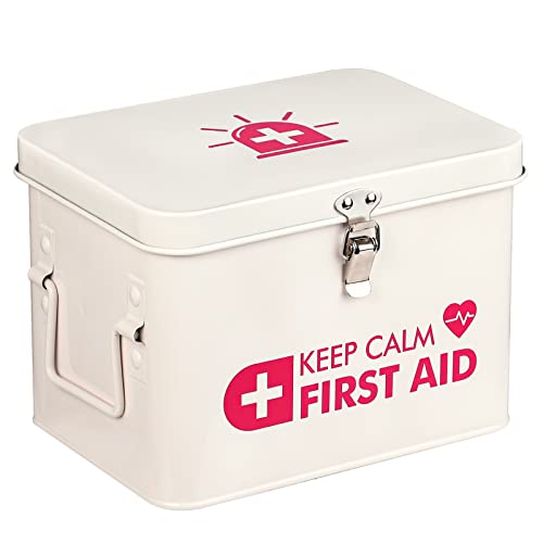 Kamehame Erste-Hilfe-Box, Keep Calm First Aid Medizin-Aufbewahrungsbehälter mit Deckel, Vintage-Metall-Erste-Hilfe-Organizer, Riegelverschluss, abnehmbares Tablett und seitliche Griffe von Kamehame