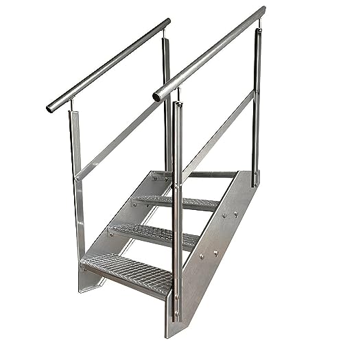 Kaminbau Mierzwa Premium Stahl Treppe Beidseitiges Geländer Verzinkt 4 Stufen (Breite 1400 mm) (Höhe 76 cm) Wetterfest Gitterroststufe Gartentreppe von Kaminbau Mierzwa