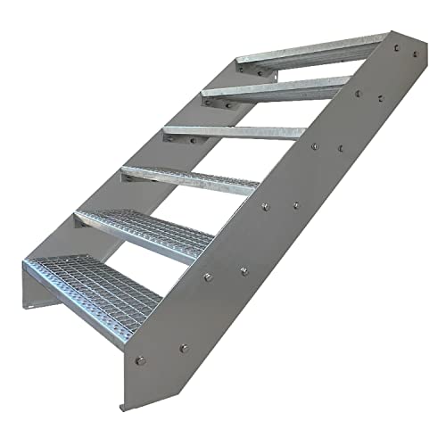 Kaminbau Mierzwa Premium Stahl Treppe Verzinkt & Silber Pulverbeschichtet 6 Stufen (Breite 100 cm) (Höhe 114 cm) Wetterfest Gitterroststufe Gartentreppe von Kaminbau Mierzwa