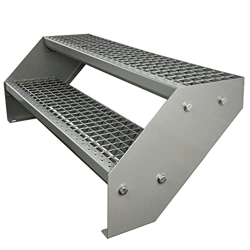 Kaminbau Mierzwa Premium Stahl Treppe Verzinkt & komplett Silber Pulverbeschichtet 2 Stufen (Breite 60 cm) (Höhe 38 cm) Wetterfest Gitterroststufe Gartentreppe von Kaminbau Mierzwa