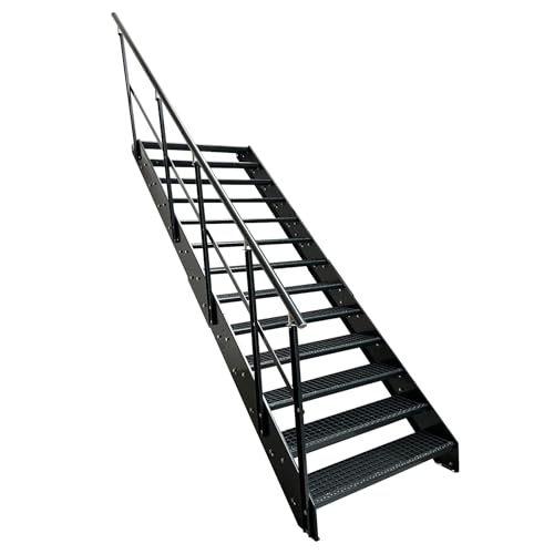 Kaminbau Mierzwa Premium Stahl Treppe mit Geländer links komplett Anthrazit RAL 7016/13 Stufen (Breite 1200 mm) (Höhe 247 cm) Wetterfest Gitterroststufe Gartentreppe von Kaminbau Mierzwa