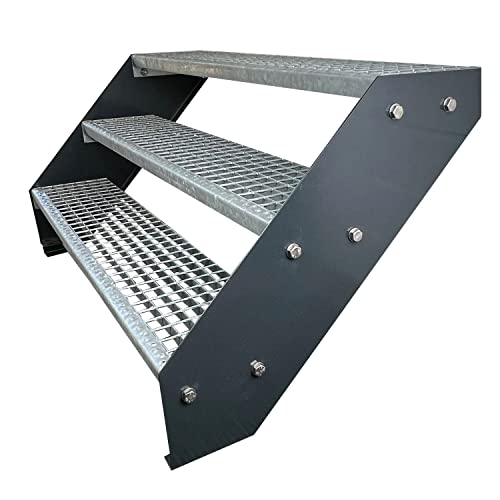 Kaminbau Mierzwa Premium Stahl Treppe Verzinkt & Anthrazit Pulverbeschichtet 3 Stufen (Breite 80 cm) (Höhe 57 cm) Wetterfest Gitterroststufe Gartentreppe von Kaminbau Mierzwa