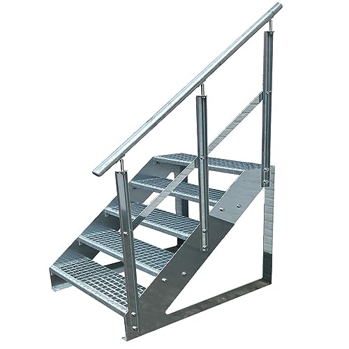 Kaminbau Mierzwa Premium Treppe Freistehend 5 Stufen Geländer Rechts (Breite 1200 mm) (Höhe 95cm) Wetterfest Gitterroststufe Gartentreppe von Kaminbau Mierzwa