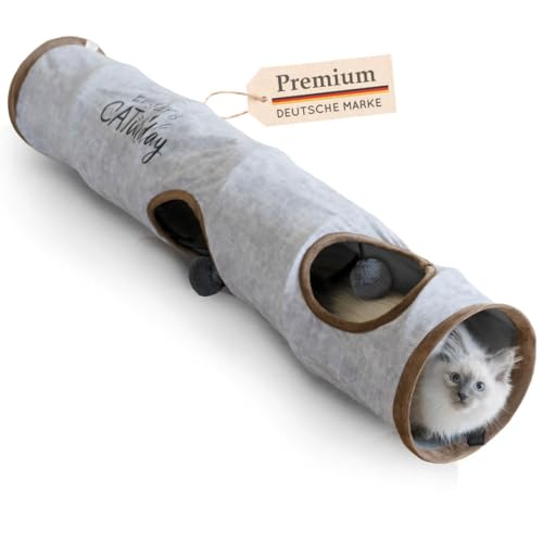 KaraLuna Premium Katzentunnel 120 x 24 cm I 3 Gucklöcher & Spielbälle I Katzen Spieltunnel Faltbar Katzenspielzeug Katzen Tunnel Rascheltunnel Höhle Rolle Cat Tunnel Katze grau Kaninchen XXL von KaraLuna