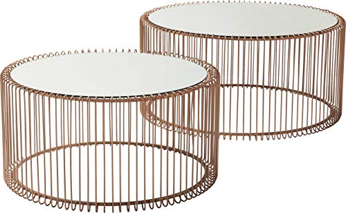 Kare Design Couchtisch Wire, Kupfer, 2er Set, rund, verpiegelte Tischplatte, Moderner Glastisch, Großer Beistelltisch, Kaffeetisch, Nachttisch, 60/70cm Durchmesser von Kare