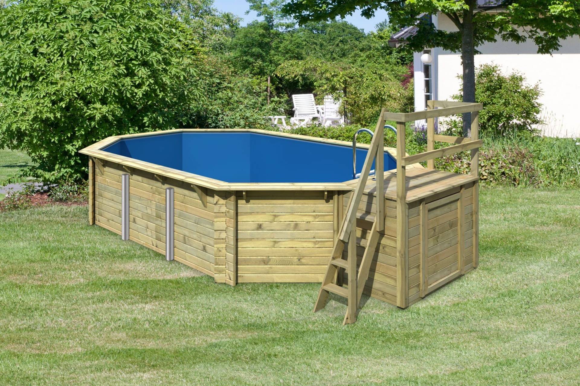 KARIBU Modell 4 Classic kdi Pool, naturbelassen, Fichtenholz, 569x358x124 cm, inkl. Deck, Terrasse und Treppe von Karibu