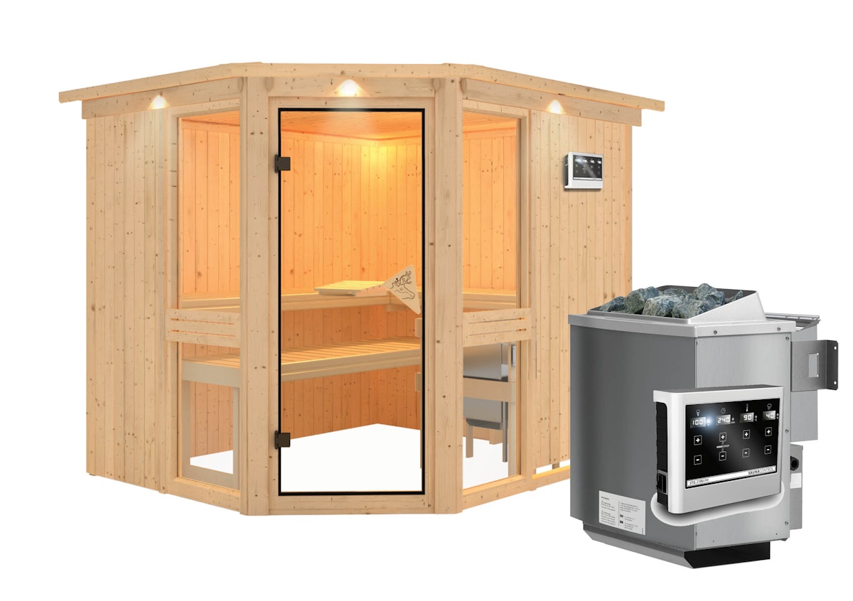 Karibu Amelia 3 - Sauna mit Eckeinstieg 68 mm-9 kW Bio-Kombiofen inkl. Steuergerät-inkl. Dachkranz inkl. 9-teiligem gratis Zubehörpaket (Gesamtwert 271,91€) von Karibu