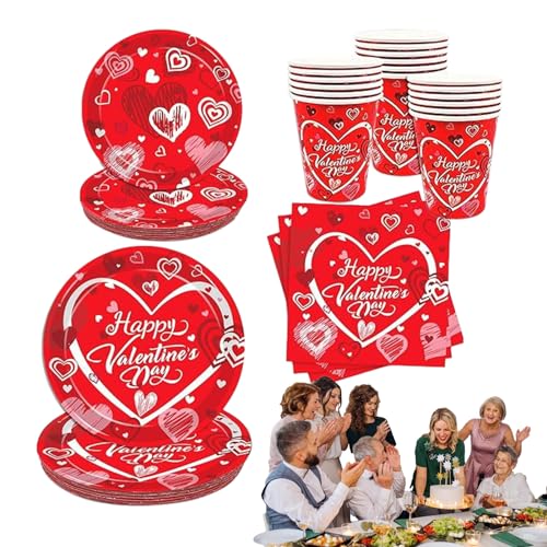 Valentinstag-Pappteller, Rote Teller-Geschirr,96-teiliges „Happy Valentines Day“-Geschirrset in Rot - Partyzubehör aus Tellern und Servietten, Weihnachtsteller und -becher sowie Serviettensets Kasmole von Kasmole