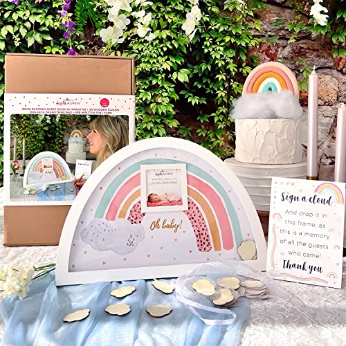 Kate Aspen Boho Baby Shower Gästebuch Alternative Regenbogen Rahmen mit 30 Holzwolken, Rahmen für Sonogrammbild, Regenbogen Babyparty Dekorationen & Andenken, Kinderzimmer Dekor von Kate Aspen