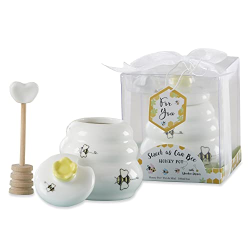 Kate Aspen Sweet as Can Bee 23261WT Mini-Honigtopf aus Keramik mit Honiglöffel aus Holz, 100 ml, Bienendekor, Weiß/Gelb von Kate Aspen