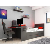 Ausziehbett Gamer mit Schreibtisch & LEDs - 90 x 200 und 90 x 190 cm - Anthrazit & Rot - VOUANI von Kauf-unique