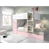 Etagenbett Ausziehbett mit Stauraum + Matratzen - 3x 90 x 190 cm - Weiß, Naturfarben & Rosa - ANTHONY von Kauf-unique