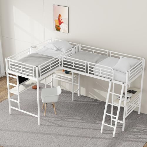 KecDuey 90 x 200cm Hochbett, Eisenbett mit Zwei Etagenbetten, Tisch unter dem Bett, Metallrahmen mit Doppeltreppe, hohes Geländer (Weiß) von KecDuey