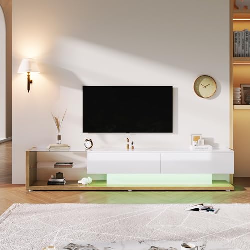 KecDuey TV Schrank 170cm, Lowboards, Hochglanz Wohnzimmermöbel TV Kommode mit Glastrennwände und Variable LED-Beleuchtung,natürlichen, rustikalen Stil mit modernem Design (Weiß + Holz) von KecDuey