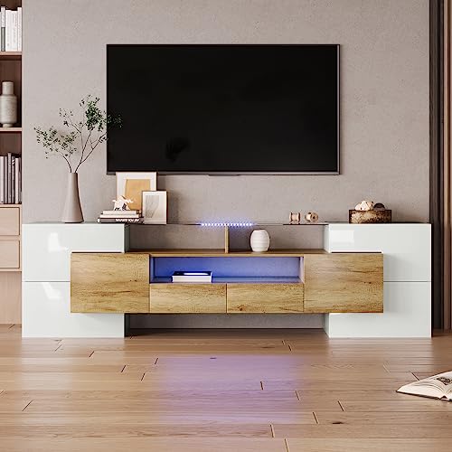 KecDuey TV Schrank 200 cm,Stilvoller TV-Schrank, Lowboard.hochglänzendes mit LED-Beleuchtung, Wohnzimmermöbel. modernes Design. Elegante Glasoberfläche. (Holzfarbe, 200cm) von KecDuey