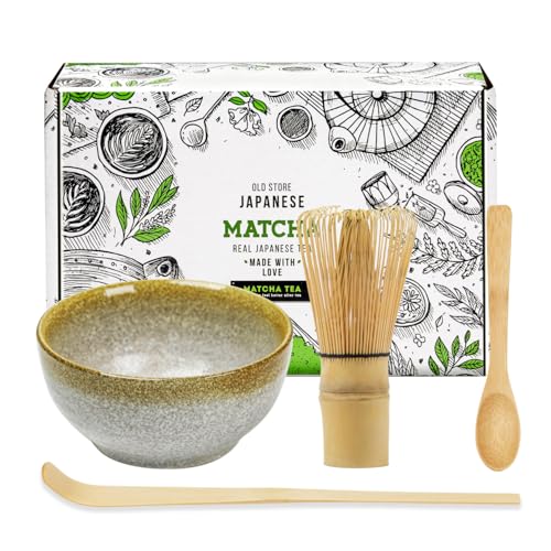 Keepaty Matcha Tee Set von 4, Matcha Schneebesen Set mit 100 Zinken-Schneebesen, traditioneller Schaufel, Teelöffel und Matcha Schale aus Keramik von Keepaty