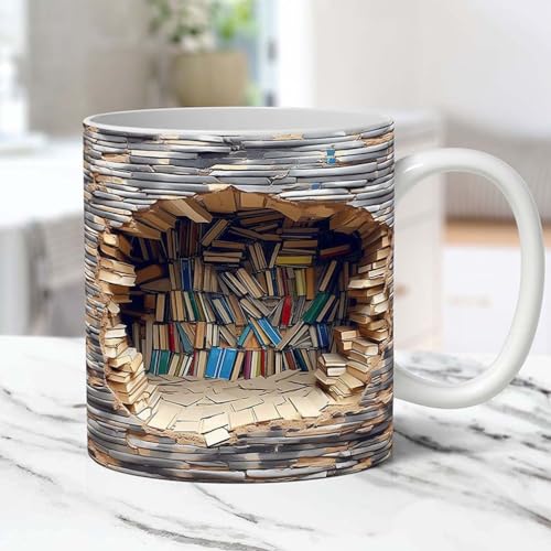 3D Bookshelf Mug, A Library Shelf Cup, Bibliothek Bücherregal Reisebecher,Teebecher Milchbecher, Kreativer Raum Design Mehrzweckbecher, 3D weiße Tassen, Buch Liebhaber Kaffeebecher für Kaffee (C) von Keeplus