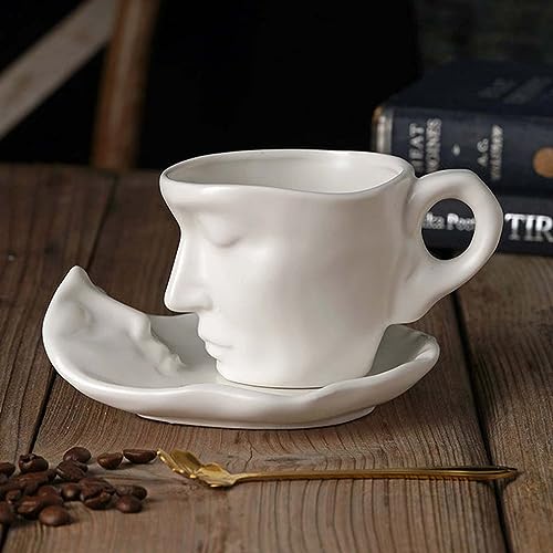 Berührendes Gesicht, kreative Keramik-Kuss-Kaffeetasse, Kaffee-Tassen, Kaffeetassen Set, creative ceramic kiss Coffee cup, Kaffeeservice mit Untertasse aus Porzellan, Tassen Set (260ML, Weiß) von Keeplus