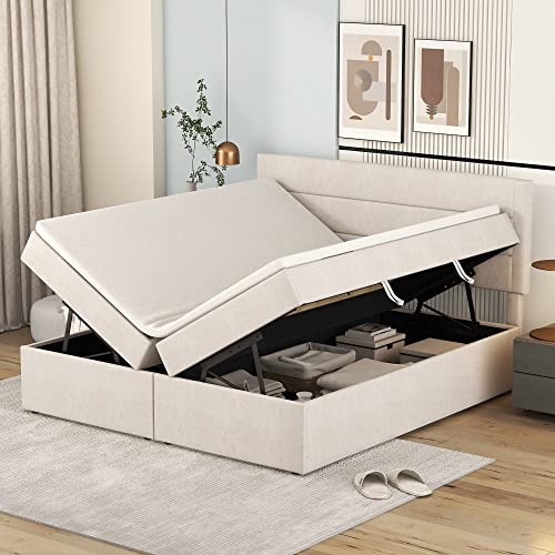 Kehun Boxspringbett Polsterbett 140x200, Doppelbett mit Lattenrost aus Metallrahmen, Bett mit Großer Stauraum und Kopfteil, Stauraum Betten Bettrahmen für Familie, Leinen, Beige, ohne Matratze von Kehun