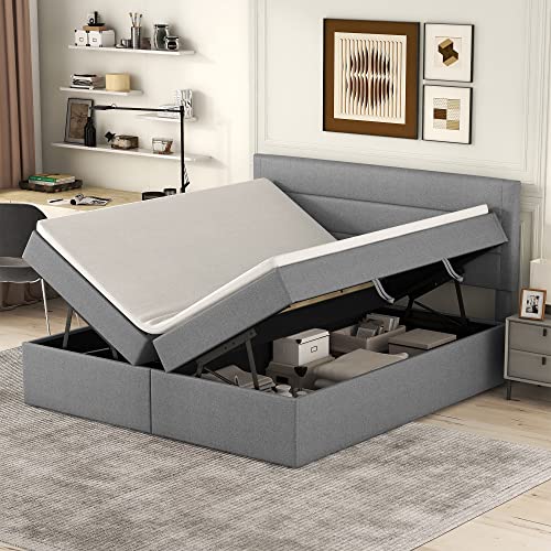 Kehun Boxspringbett Polsterbett 140x200, Doppelbett mit Lattenrost aus Metallrahmen, Bett mit Großer Stauraum und Kopfteil, Stauraum Betten Bettrahmen für Familie, Leinen, Grau, ohne Matratze von Kehun