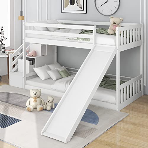 Kehun Kinderbett Etagenbett 90x200, Hochbett Hausbett mit Rutsche und Rausfallschutz für 2 Kinder, Holzbett mit 2 Schubladen und Treppe, Bett Bettgestell aus Massiver Kiefernholz, Weiß, ohne Matratze von Kehun