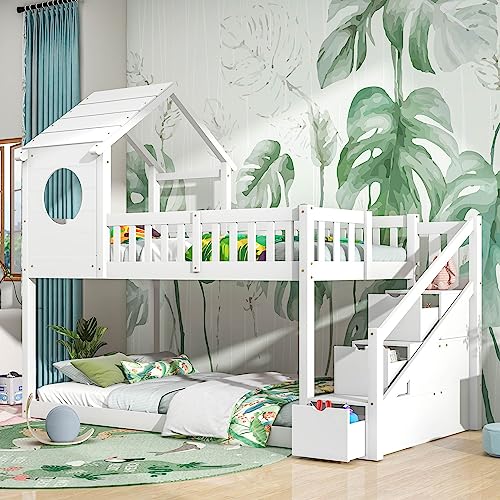 Kehun Kinderbett Etagenbett 90x200 cm für 2 Kinder, Hochbett Hausbett mit Stauraum Treppe, Baumhaus Bett mit Rausfallschutz und lattenrost aus Holz, Weiß, Ohne Matratze von Kehun