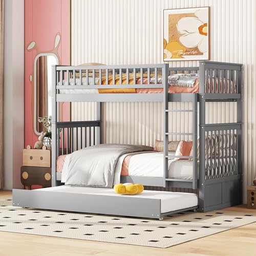 Kehun Kinderbett Etagenbett 90×200 cm mit Leiter, Hochbett Doppelbett mit Ausziehbares Rollbett für 2-3 Kinder, Holzbett mit Rausfallschutz und Lattenrost, Grau, Ohne Matratze von Kehun