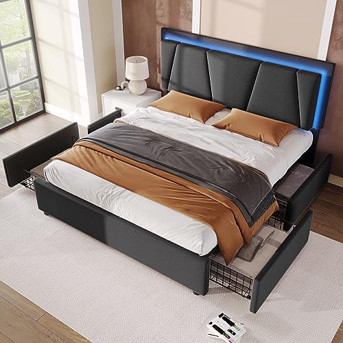 Kehun Polsterbett Doppelbett 160x200 cm mit LED-Kopfteil, Stauraumbett 4 Stauraum Schubladen,Lattenrost aus Holz, Modern Bett Bettgestell aus Metallrahmen, Leinen, Grau, Ohne Matratze von Kehun