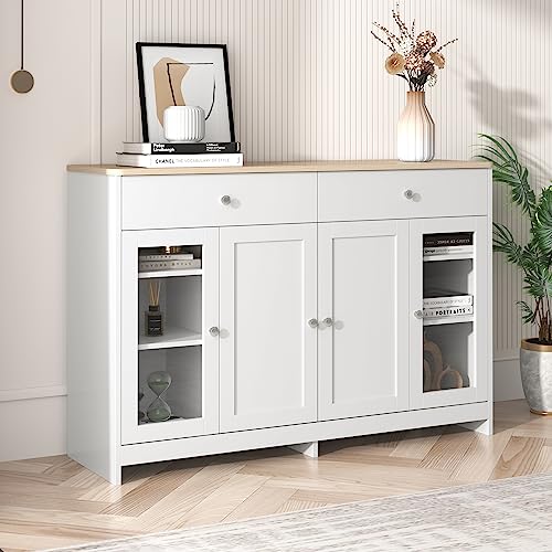 Kehun Sideboard Weiss für Wohnzimmer und Esszimmer, Kommode Schrank Buffetschrank 120x37x80 cm mit 4 Türen und 2 Stauraum Schubladen, Natur & Weiß von Kehun