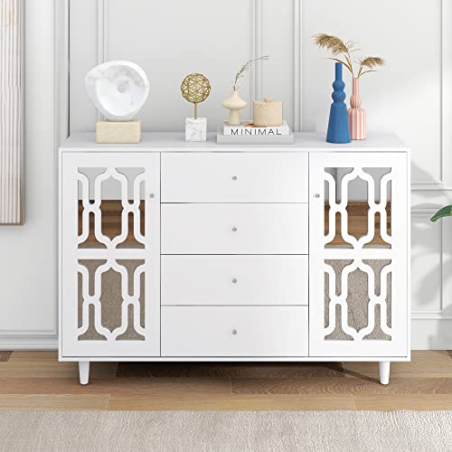 Kehun Sideboard Weiss für Wohnzimmer und Esszimmer, Kommode Schrank Buffetschrank 147 x 40 x 102 cm mit 2 Türen und 4 Stauraum Schubladen, Weiß von Kehun