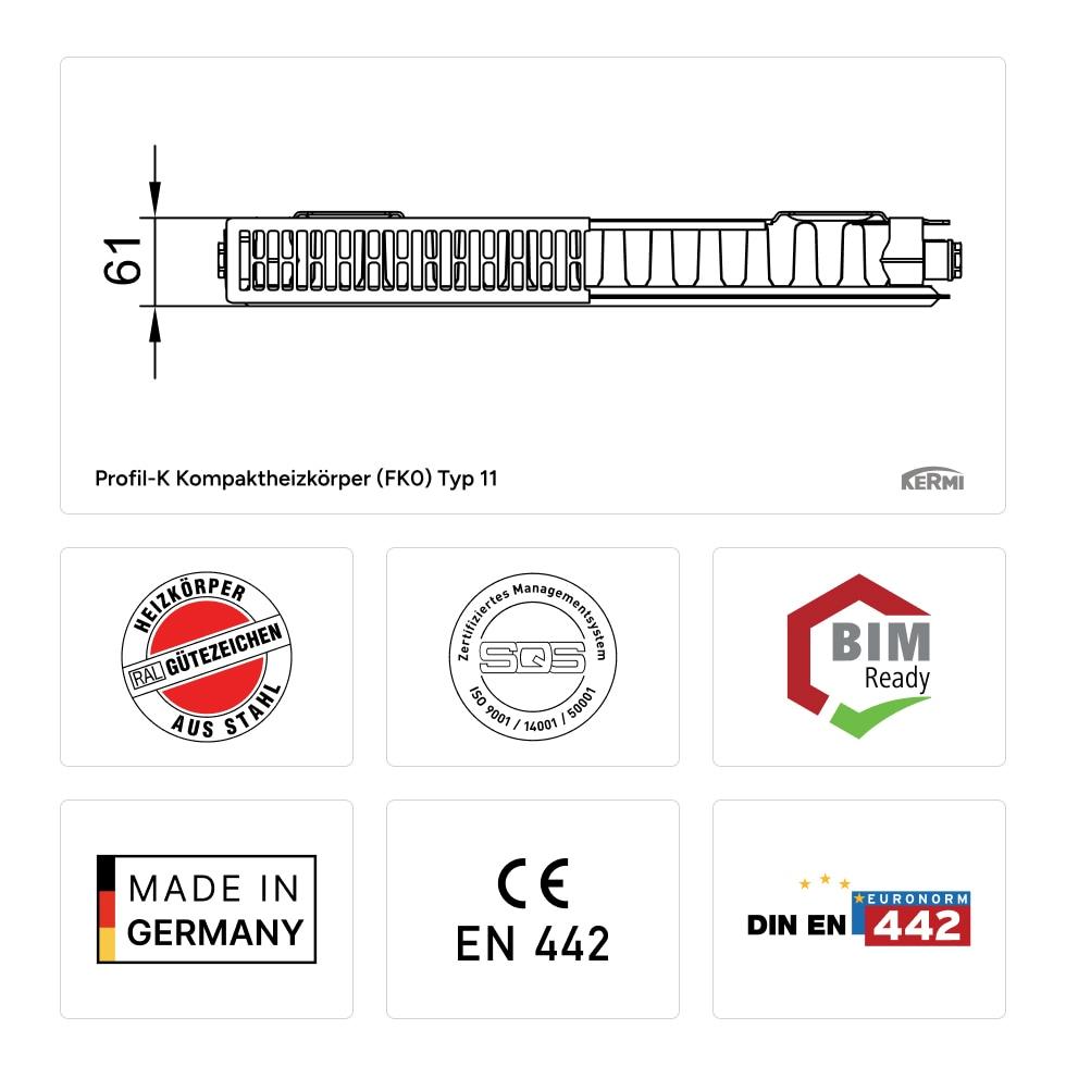 Kermi Profil-K Kompaktheizkörper Typ 11 900x61x600mm weiß mit Abdeckung FK0110906 von Kermi