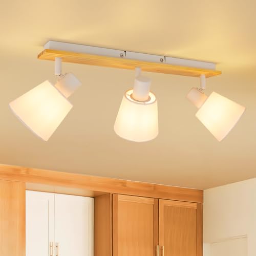 Ketom Deckenstrahler LED Holz Schwenkbar - Stoff Strahler Deckenleuchte 3 Flammig - E14 Deckenlampe Spots Weiß für Küche, Wohnzimmer, Schlafzimmer - Ohne Leuchtmittel von Ketom